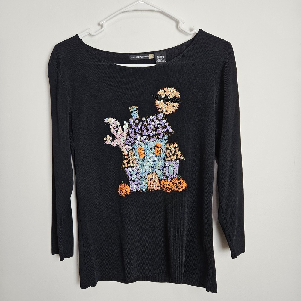 Sweaterworks Sz M Embellished Top Knit Beaded 3/4 Sleeve Blouse Haunted House